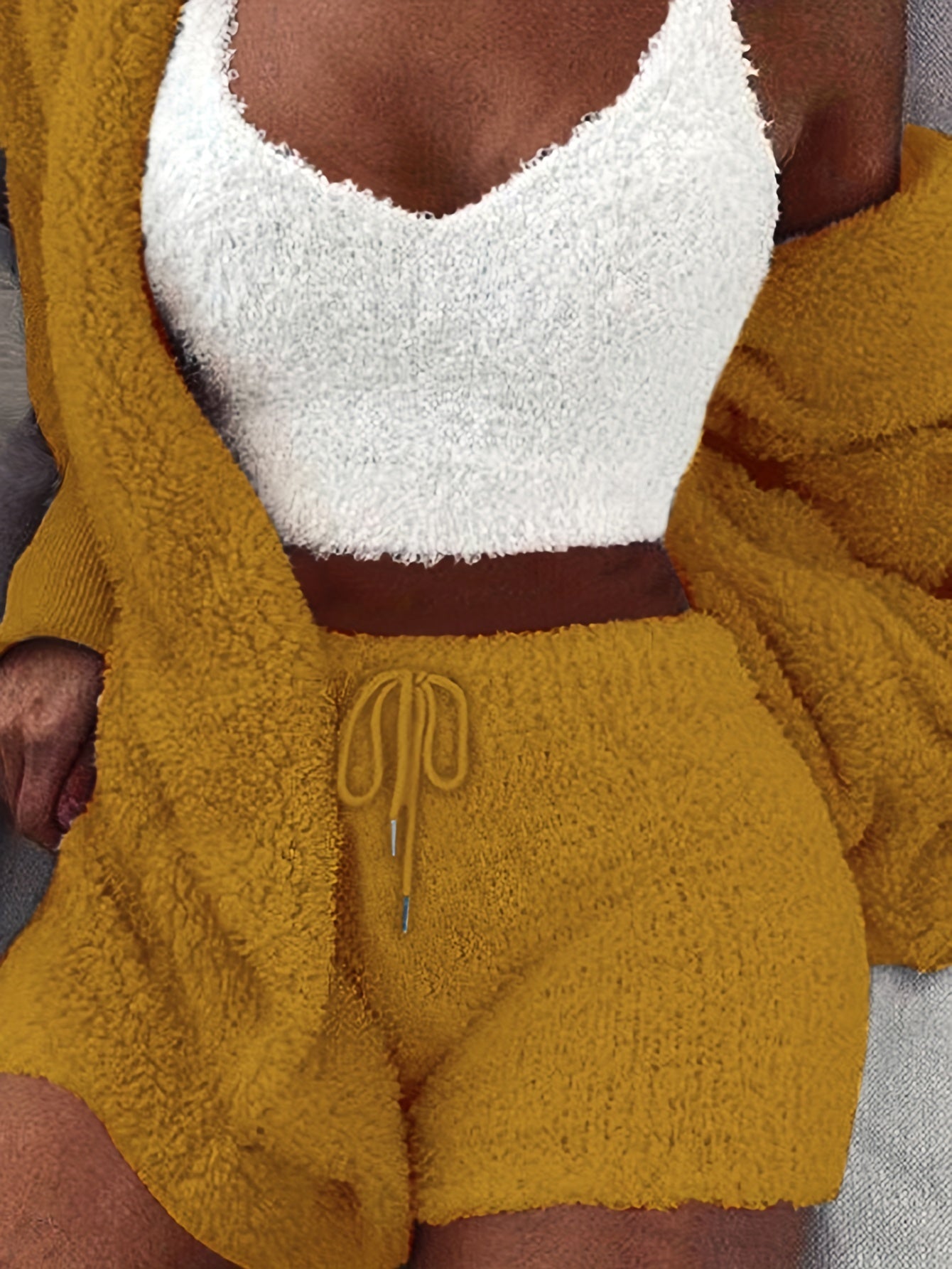 Warm Fuzzy Pajama Set, Long Sleeve Hooded Robe & Tank Top & Drawstring Shorts, Women's Sleepwear & Loungewear