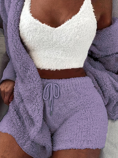 Warm Fuzzy Pajama Set, Long Sleeve Hooded Robe & Tank Top & Drawstring Shorts, Women's Sleepwear & Loungewear