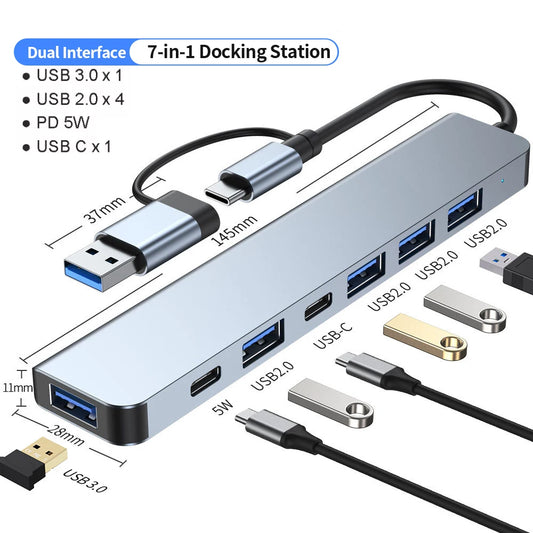 USB C Hub USB Hub 3.0, Aluminum 7 in 1 USB Extender, USB Splitter with USB 3.0, 4 X USB 2.0 and 2 USB C Ports USB Distributor