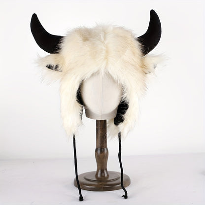 Halloween Cosplay Big Black Cow Cute Elk Horn Fur Trapper Hat, Warm Ear Protection Cool Windproof Hat