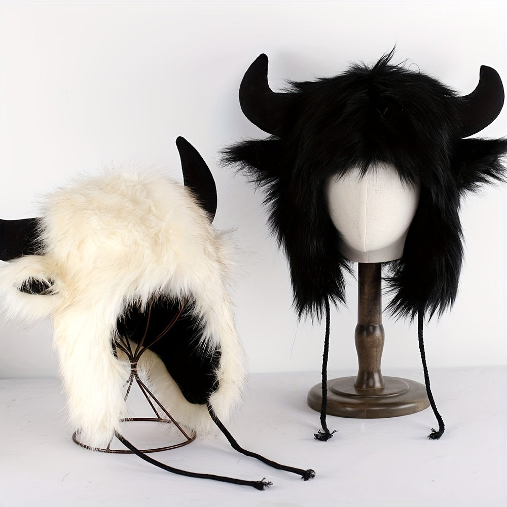 Halloween Cosplay Big Black Cow Cute Elk Horn Fur Trapper Hat, Warm Ear Protection Cool Windproof Hat