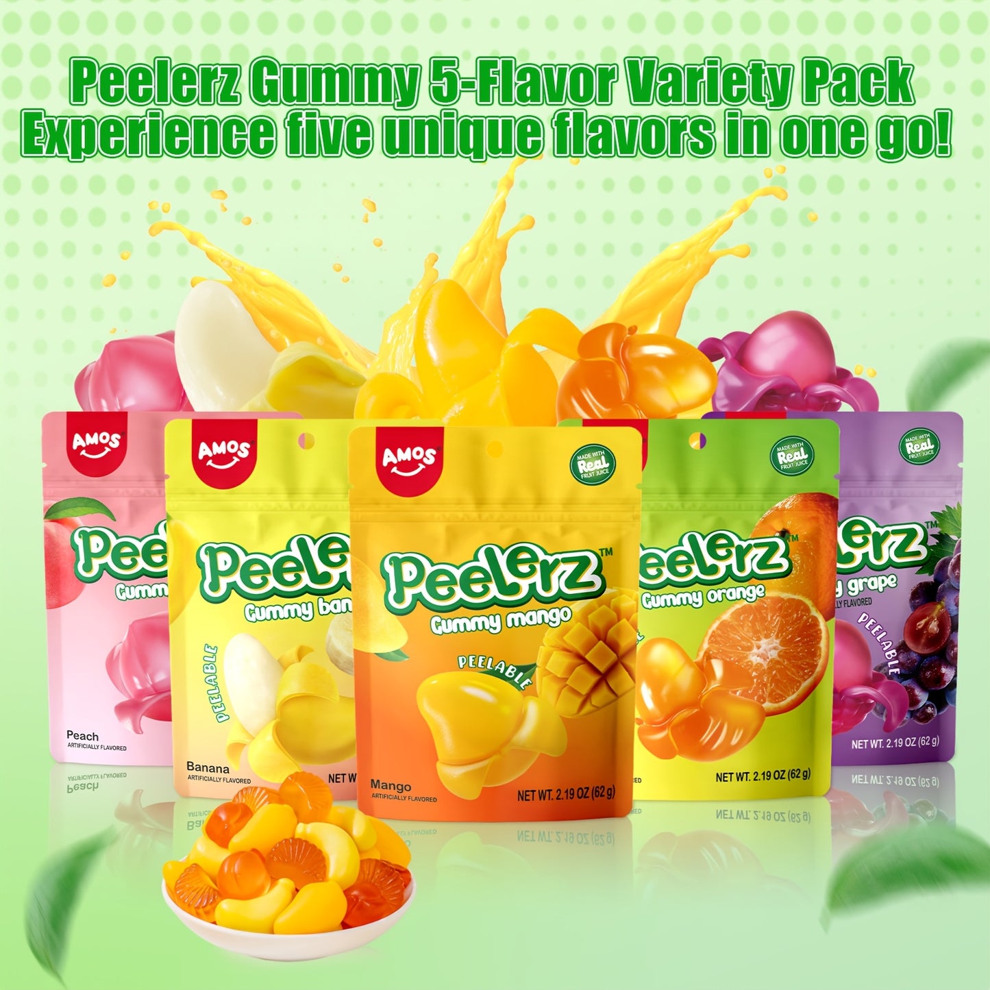 AMOS Peelerz Gummy Variety Pack - 5 Individual Packs, Peelable Fruity Gummies In Mango, Orange, Peach, Grape, And Banana Flavors