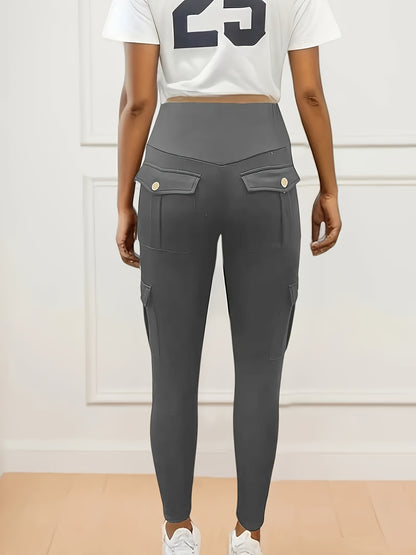 Solid Color Butt Lifting Yoga Leggings With Pockets, Running Sports Tight Pants, Women's Activewear For Fall & Winter