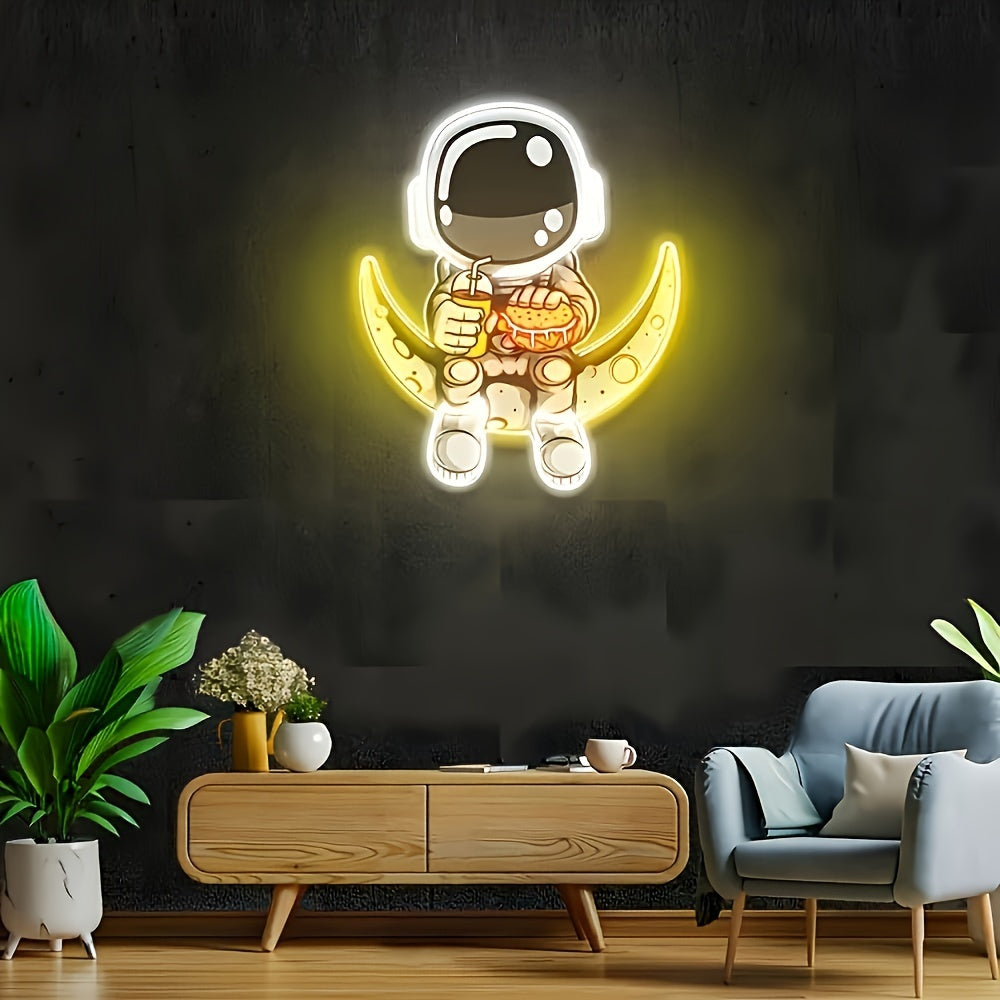 Astronaut Neon Sign with Moon LED - Handcrafted, UV-Printed Wall Art for Home & Party Decor, USB Powered with Dimmable for Switch