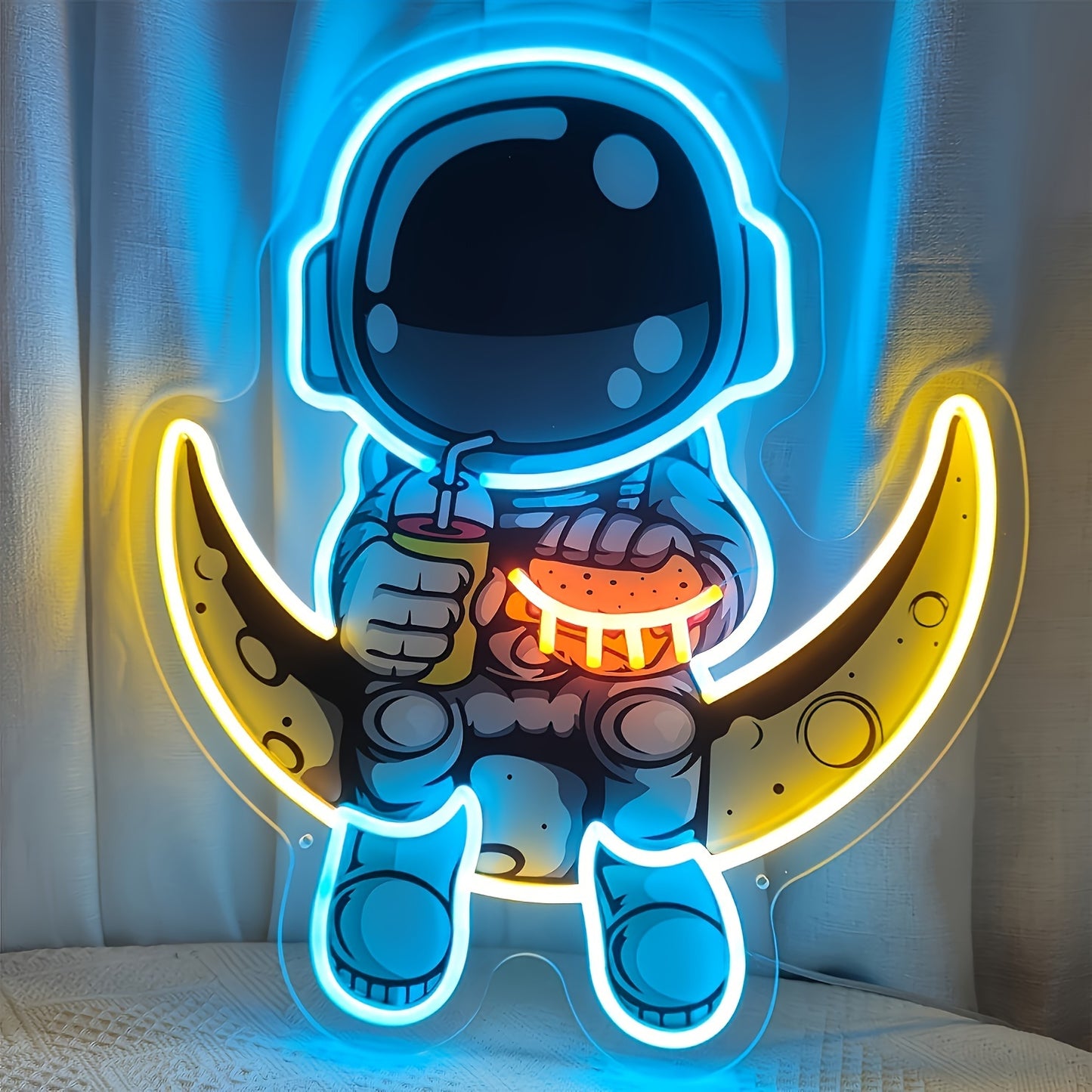 Astronaut Neon Sign with Moon LED - Handcrafted, UV-Printed Wall Art for Home & Party Decor, USB Powered with Dimmable for Switch