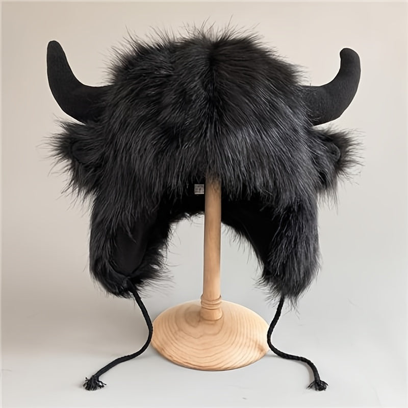 Halloween Cosplay Big Black Cow Cute Elk Horn Fur Trapper Hat, Warm Ear Protection Cool Windproof Hat