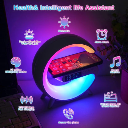 Smart Alarm Clock with Wireless Speaker, RGB Lighting & Fast Charging - USB Powered, LED Table Lamp for Bedroom Wake-Up - Black & White