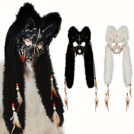 Fashionable Viking Fox Mask with Faux Fur Headdress: Perfect for Halloween or Carnival Costumes