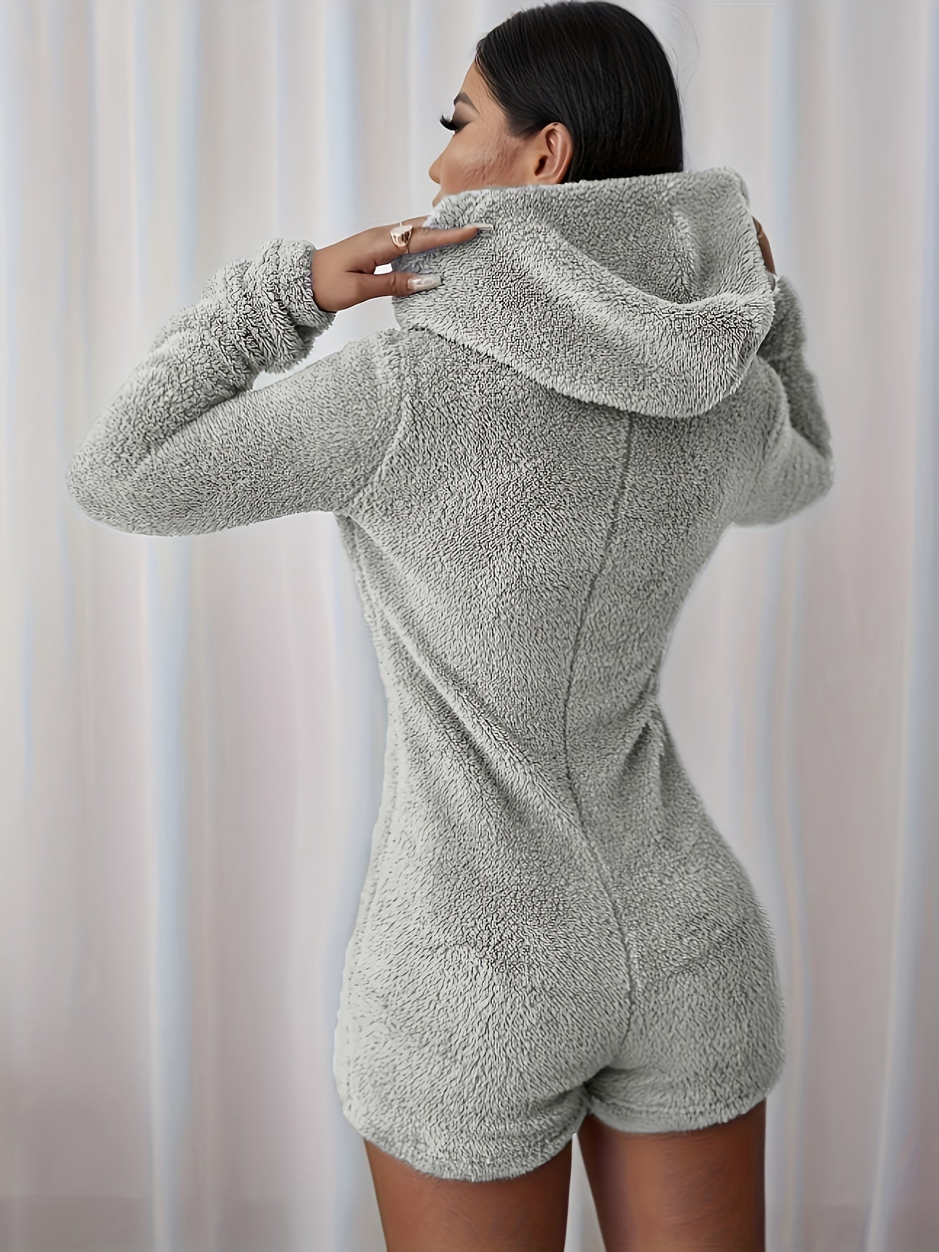 Zipper Front Fuzzy Romper Jumpsuit, Casual Solid Long Sleeve Hoodie Romper Jumpsuit For Spring & Fall, Women's Clothing