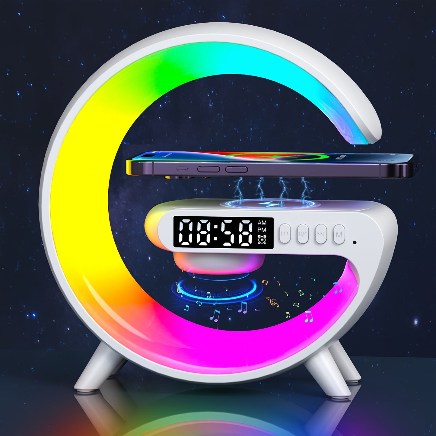 Smart Alarm Clock with Wireless Speaker, RGB Lighting & Fast Charging - USB Powered, LED Table Lamp for Bedroom Wake-Up - Black & White