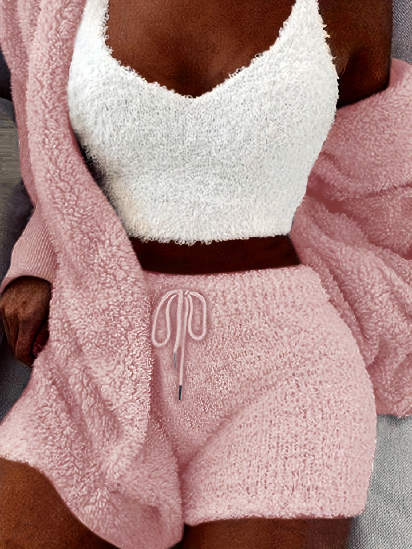 Warm Fuzzy Pajama Set, Long Sleeve Hooded Robe & Tank Top & Drawstring Shorts, Women's Sleepwear & Loungewear