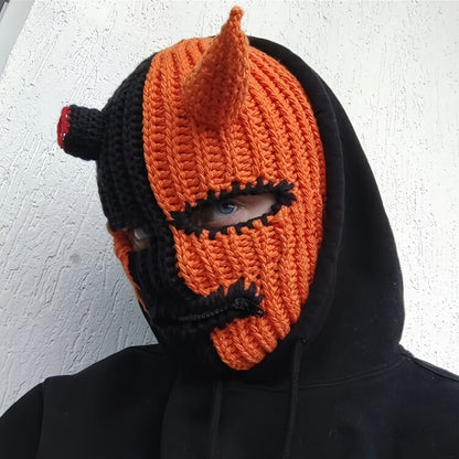 1pc Knitted Hat, Universal Funny Horn Mask Head Cover, Autumn And Winter Warm Devil Horn Handsome