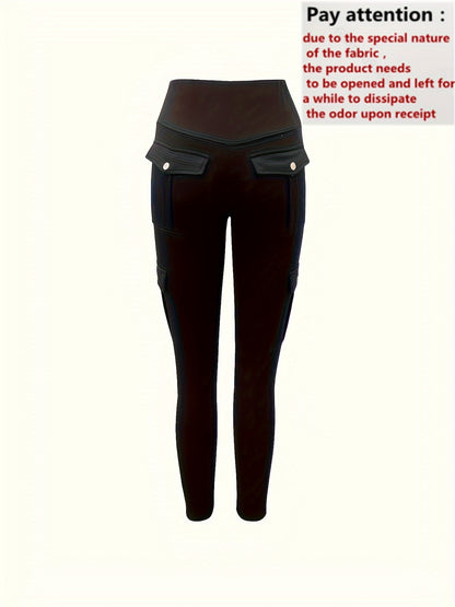 Solid Color Butt Lifting Yoga Leggings With Pockets, Running Sports Tight Pants, Women's Activewear For Fall & Winter