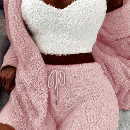 Warm Fuzzy Pajama Set, Long Sleeve Hooded Robe & Tank Top & Drawstring Shorts, Women's Sleepwear & Loungewear