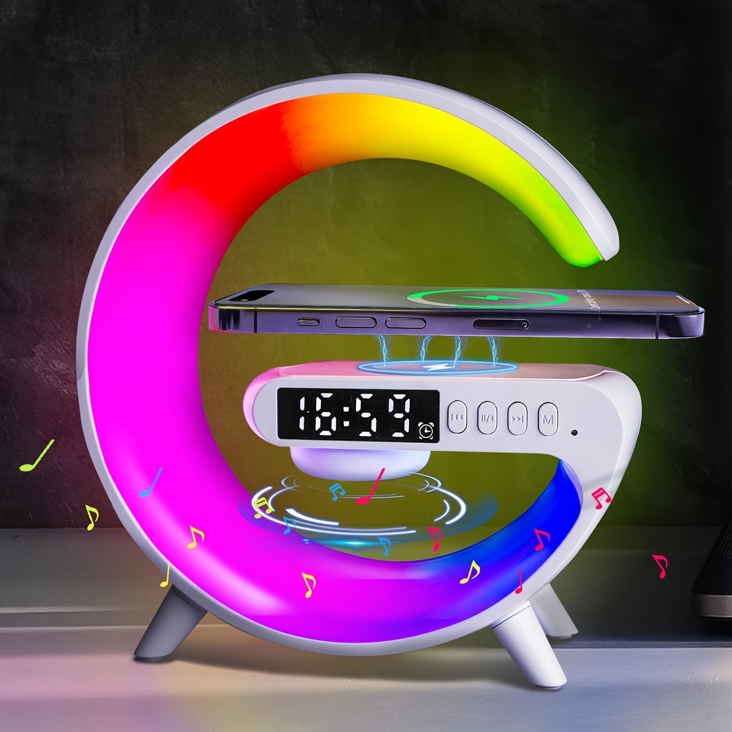 Smart Alarm Clock with Wireless Speaker, RGB Lighting & Fast Charging - USB Powered, LED Table Lamp for Bedroom Wake-Up - Black & White