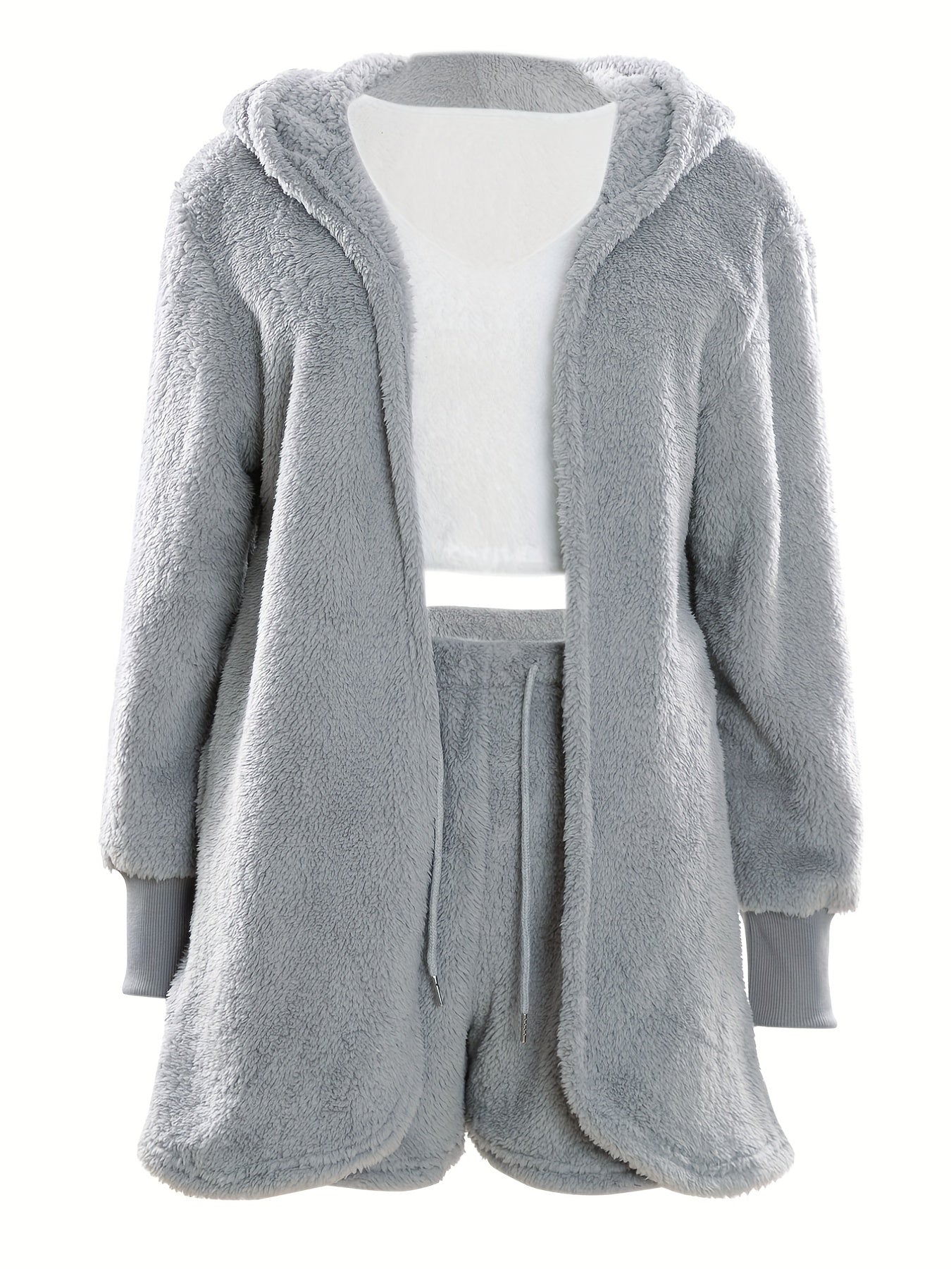 Warm Fuzzy Pajama Set, Long Sleeve Hooded Robe & Tank Top & Drawstring Shorts, Women's Sleepwear & Loungewear