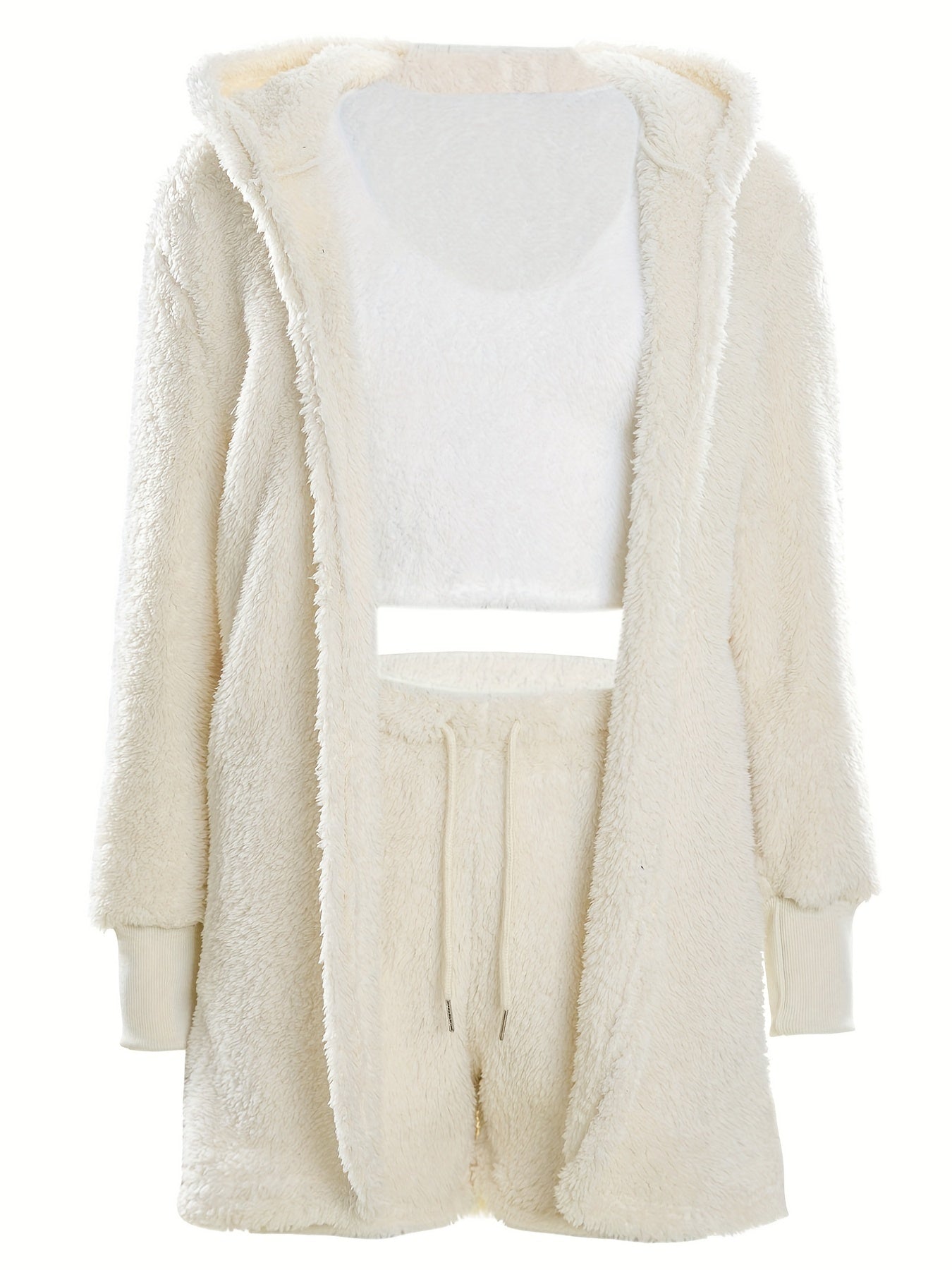 Warm Fuzzy Pajama Set, Long Sleeve Hooded Robe & Tank Top & Drawstring Shorts, Women's Sleepwear & Loungewear