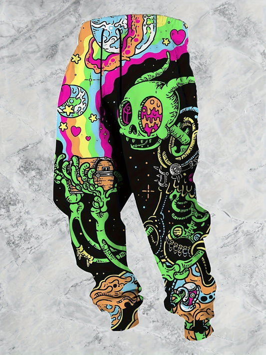 Men'S 3D Monster Print Beach Pants, Casual Style, Elastic Waist with Drawstring, Soft Polyester Knit Fabric, Regular Fit, Heat Transfer Print, 220gsm - Comfortable Daily Wear