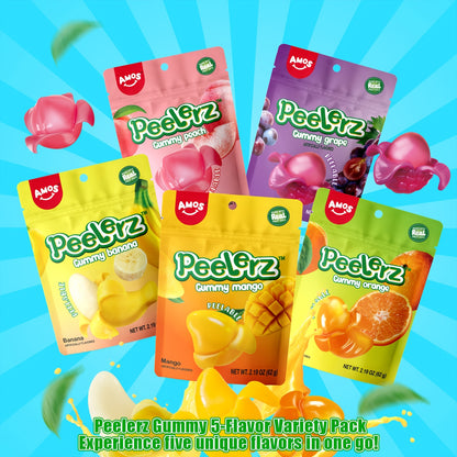 AMOS Peelerz Gummy Variety Pack - 5 Individual Packs, Peelable Fruity Gummies In Mango, Orange, Peach, Grape, And Banana Flavors