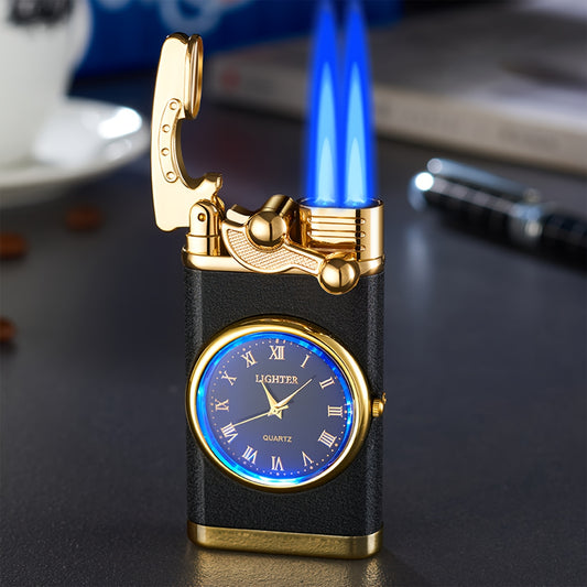 Butane Lighter, Blue Double Flame Lighter, Vintage Rocker Lighter, Multi-function Dial Lighter, Windproof Direct Lighter, Suitable For Indoor And Outdoor, Ideal Valentine'S Day Gift, Flame Size Is Freely Adjustable