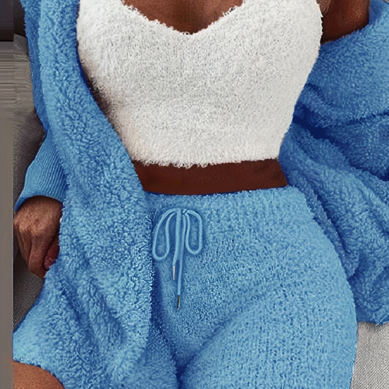 Warm Fuzzy Pajama Set, Long Sleeve Hooded Robe & Tank Top & Drawstring Shorts, Women's Sleepwear & Loungewear