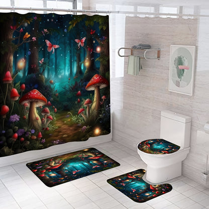 1/4pcs Forest Mushroom Butterfly Printed Shower Curtain Set, Bathroom Decorative Set Including Waterproof Shower Curtain, Non-slip Mat, Toilet Lid Mat, Bathroom Mat And 12 Plastic Hooks, Bathtub Partition, Bathroom Accessorie