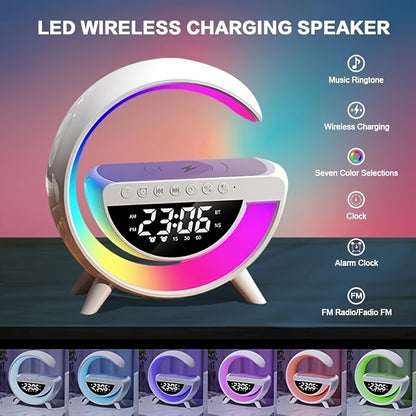 Smart Alarm Clock with Wireless Speaker, RGB Lighting & Fast Charging - USB Powered, LED Table Lamp for Bedroom Wake-Up - Black & White