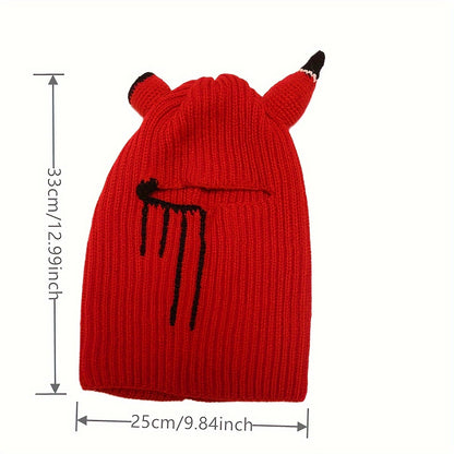 1pc Knitted Hat, Universal Funny Horn Mask Head Cover, Autumn And Winter Warm Devil Horn Handsome