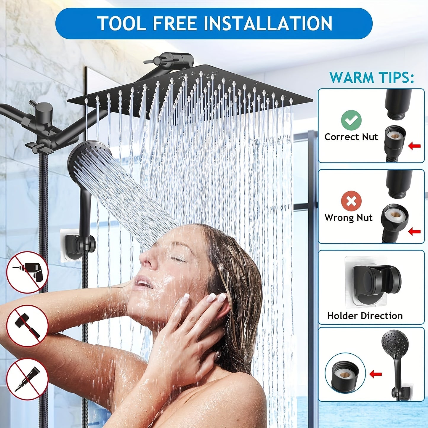 12 Inch All Metal 3-Way Rain Shower Head, High Pressure Shower Head, Dual Shower Heads with Handheld Spray Combo - Upgrade Extension Arm Height Adjustable,Hotel Toilet shower