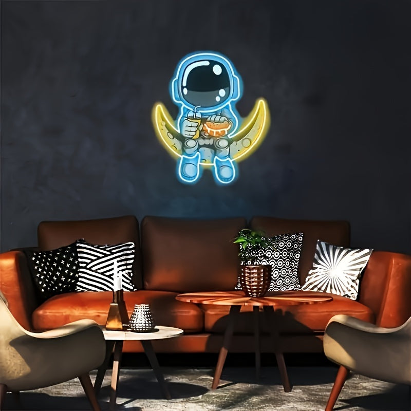 Astronaut Neon Sign with Moon LED - Handcrafted, UV-Printed Wall Art for Home & Party Decor, USB Powered with Dimmable for Switch