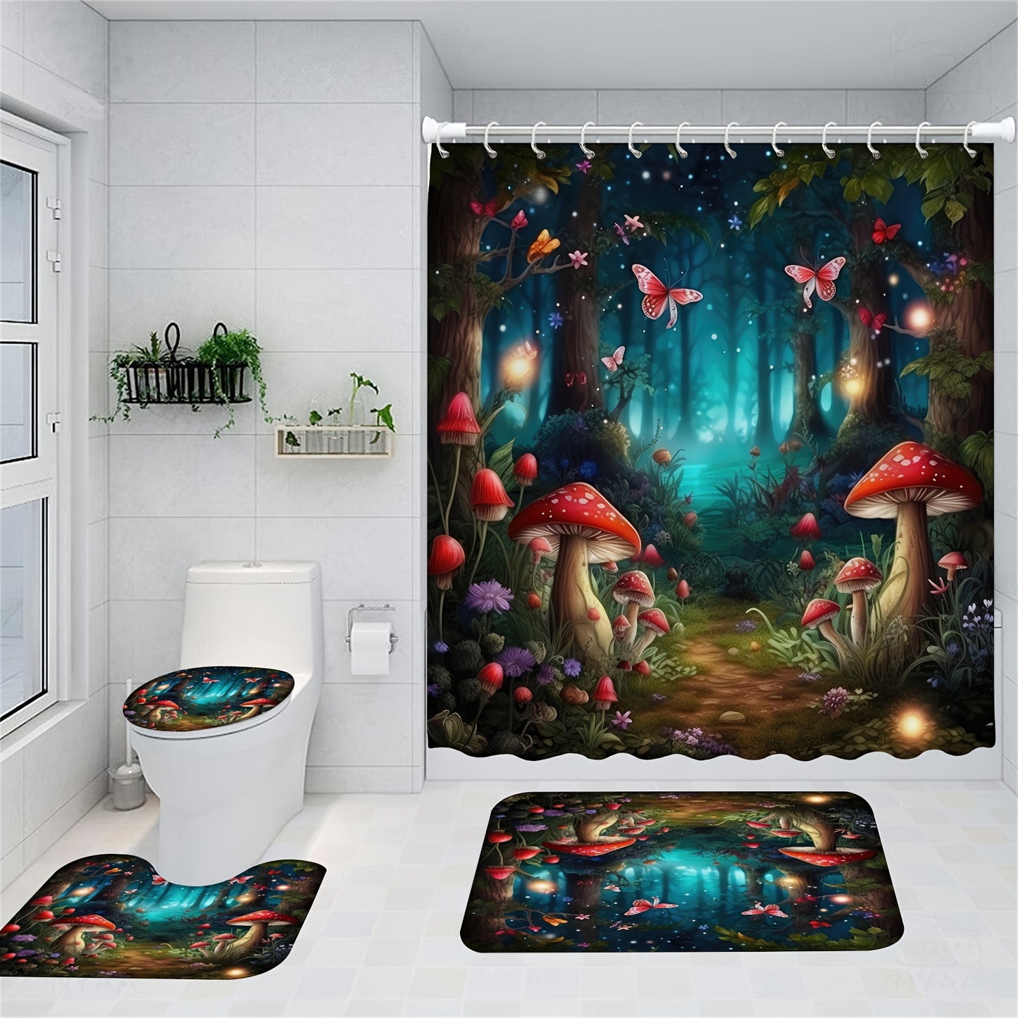 1/4pcs Forest Mushroom Butterfly Printed Shower Curtain Set, Bathroom Decorative Set Including Waterproof Shower Curtain, Non-slip Mat, Toilet Lid Mat, Bathroom Mat And 12 Plastic Hooks, Bathtub Partition, Bathroom Accessorie